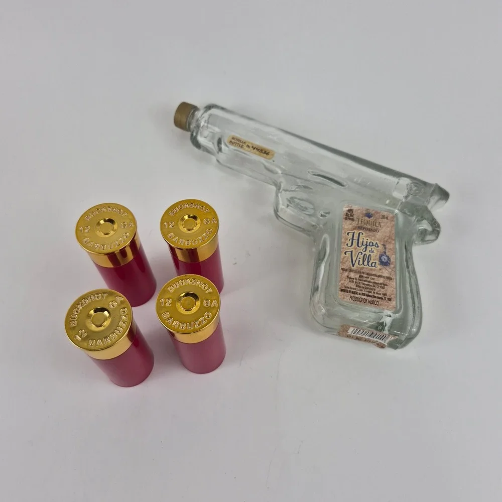 EMPTY Hijos de Villa Tequila Pistol Bottle 200ml & 4 Buckshot Shot Glasses
